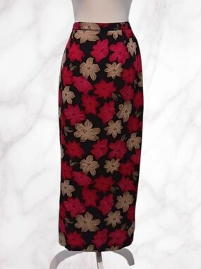 Pencil Maxi Skirt Red Beige Floral  Elastic Waist Side Slit Briggs Women's M.